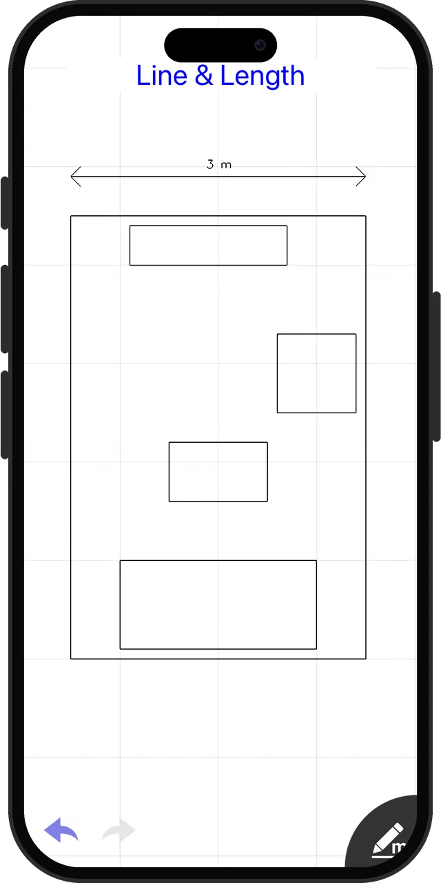 A 3 by 4.5 m living room we drew in Draft Paper: the walls, a sofa, a coffee table, an armchair and a TV unit as rectangles, with one measured line