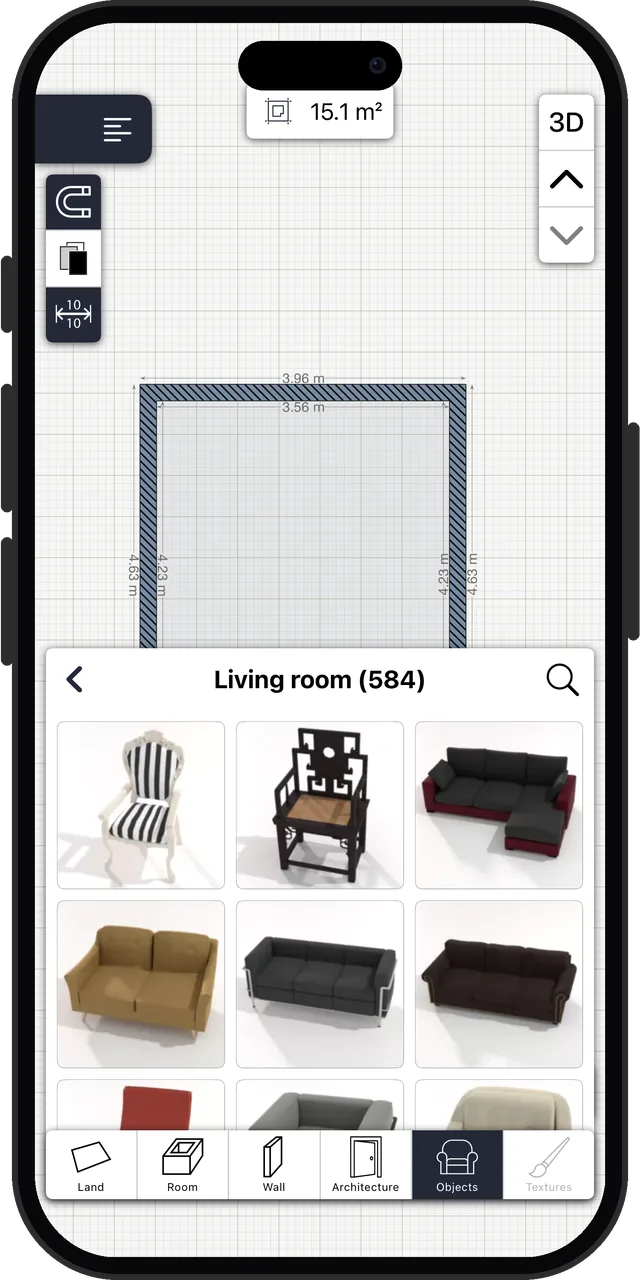 Home Design 3D's catalogue: 584 items under Living room alone, each with its size