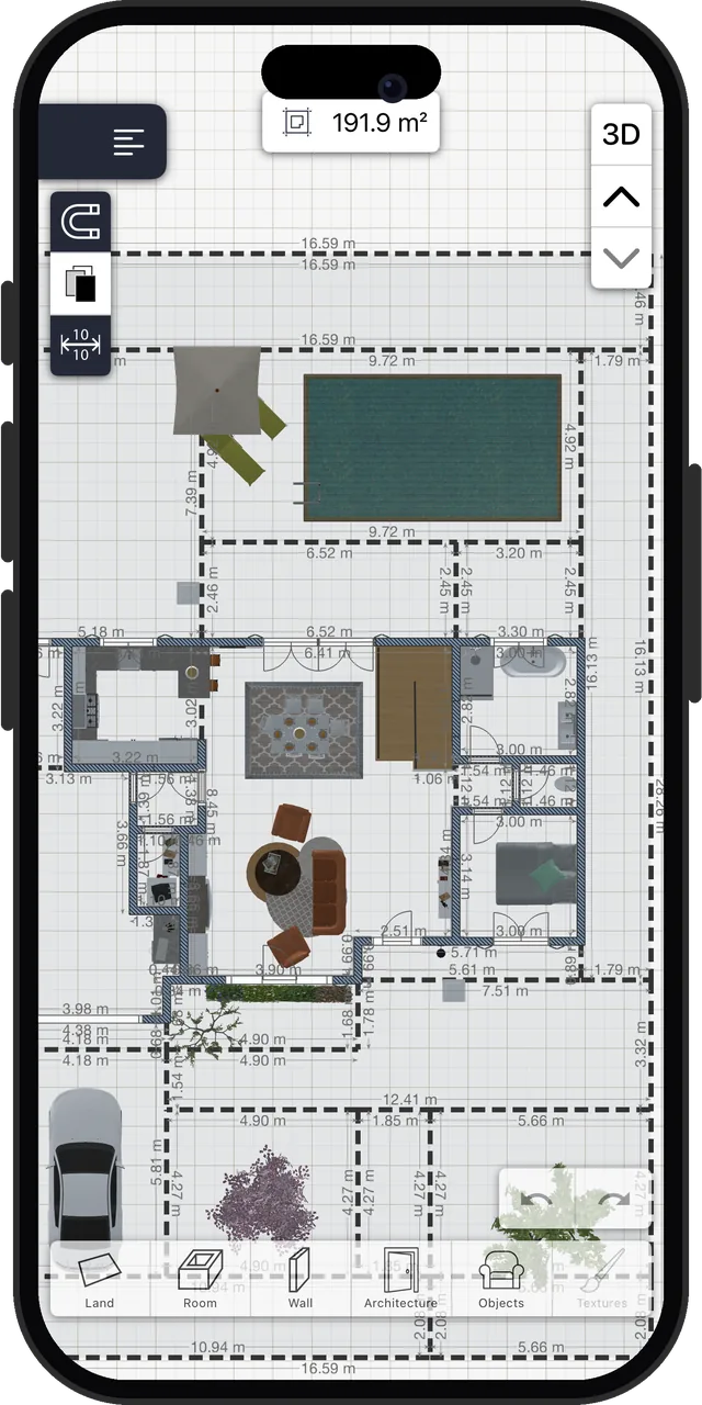 The ground floor of Home Design 3D's furnished sample house in its 2D view