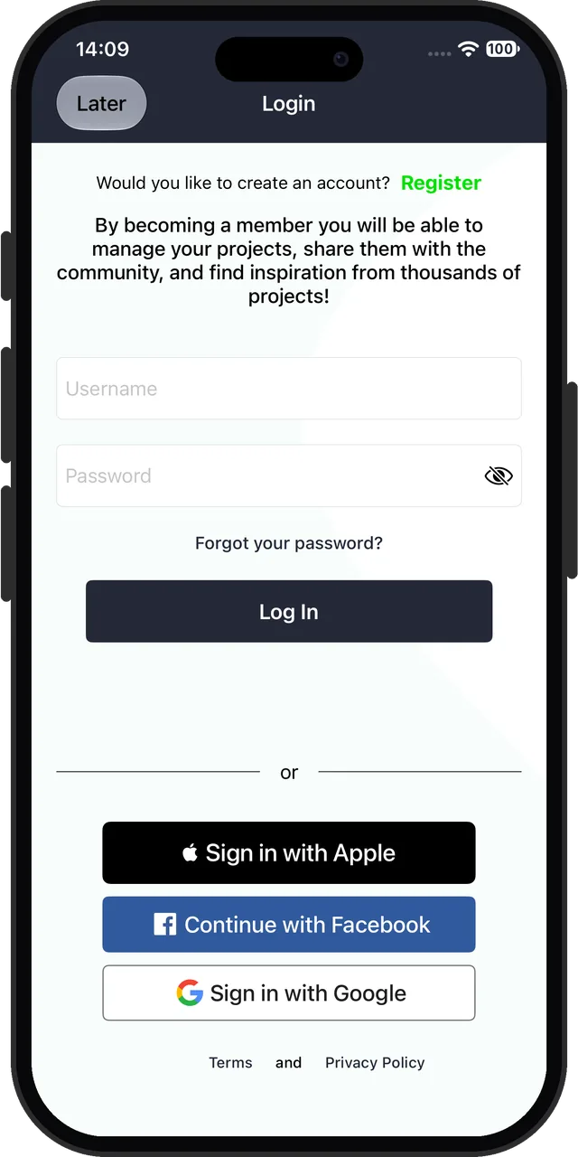 Home Design 3D on first launch: a page asking whether we would like to create an account, which Later skips