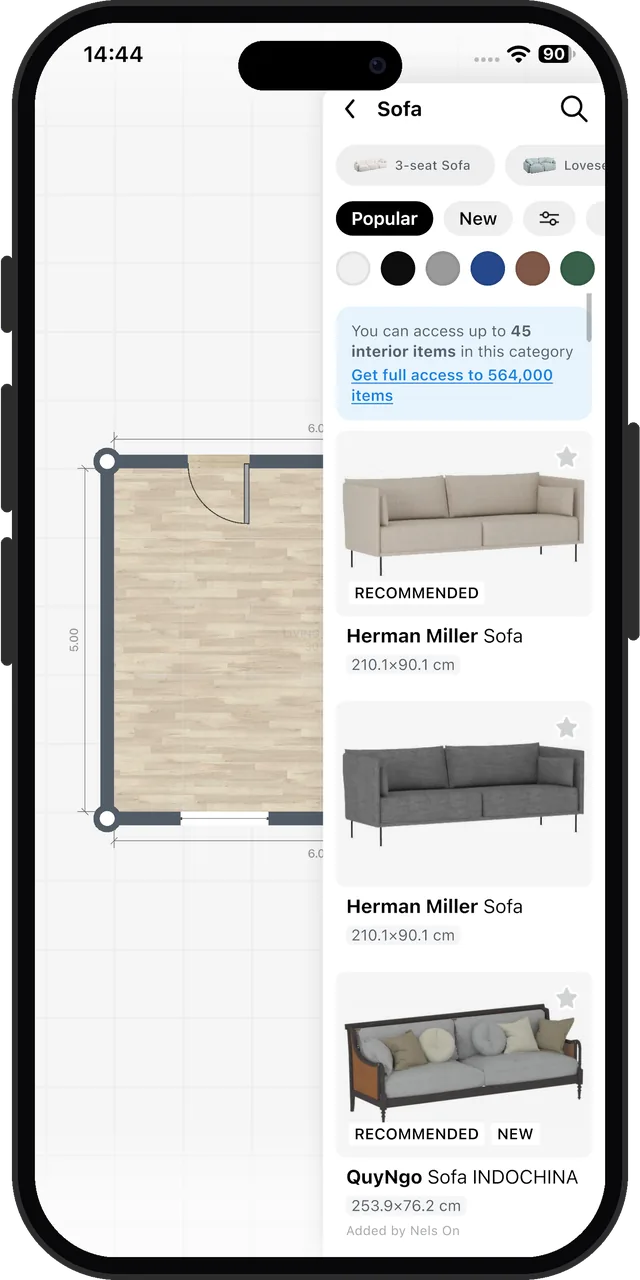 Home Planner AI's sofas on the free tier: up to 45 items in this category