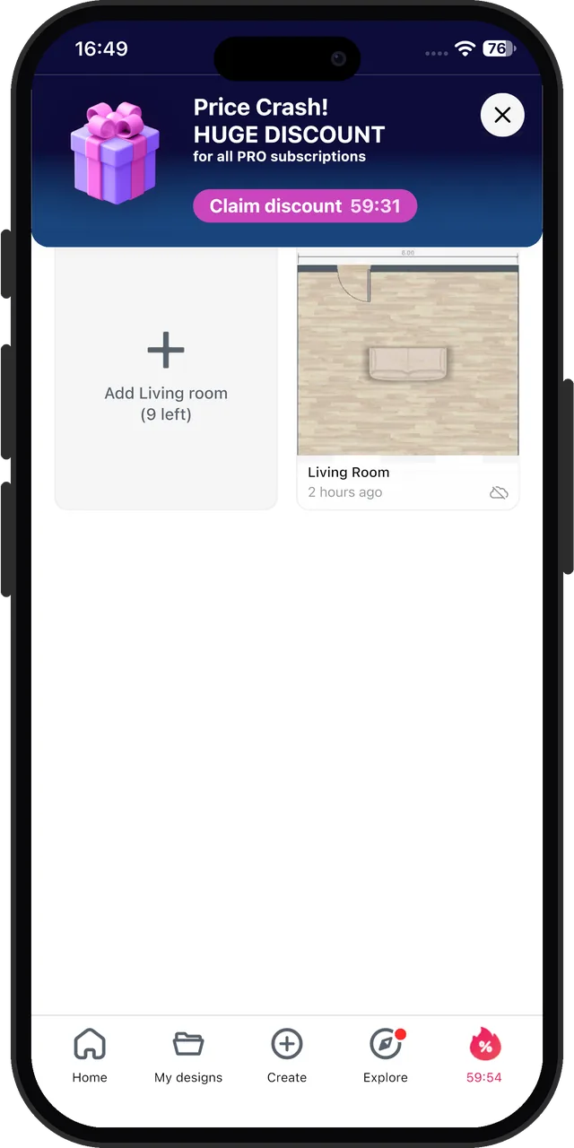 Home Planner AI after we closed its paywall: 'Price Crash! HUGE DISCOUNT' with an hour's countdown, and 9 rooms left to add