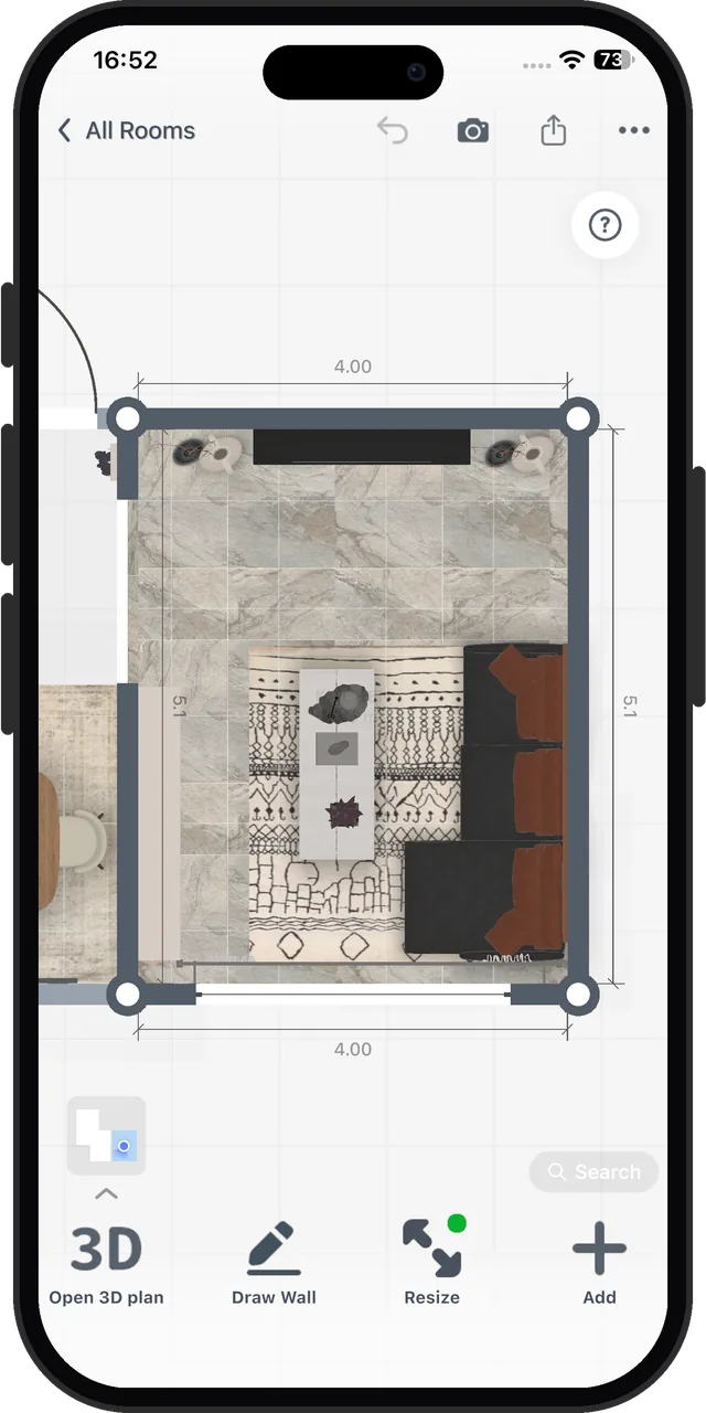 Home Planner AI's furnished 4.00 by 5.10 m living room template