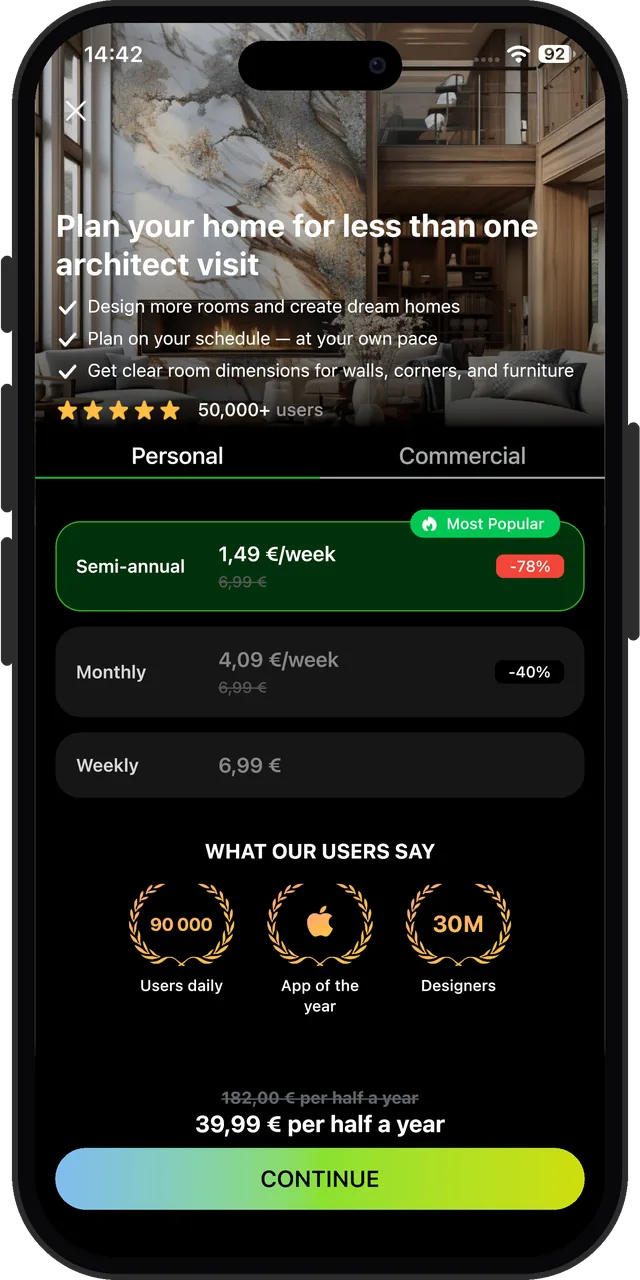 Home Planner AI's paywall, shown before the first room; its X closes it