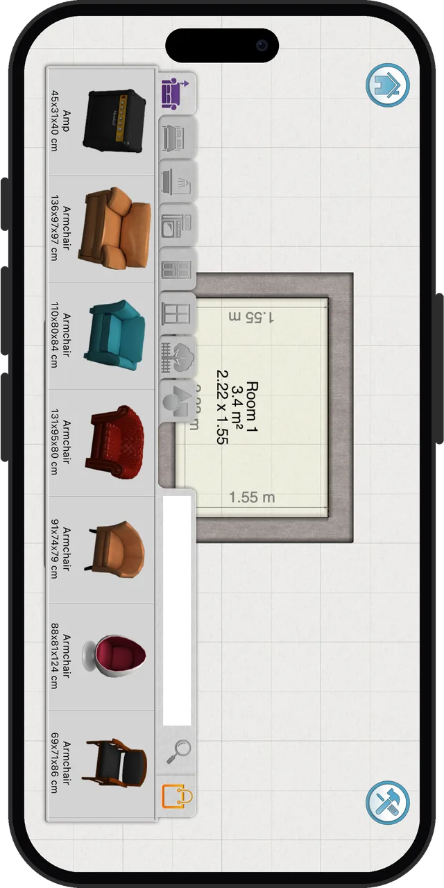 Keyplan 3D's catalogue, each piece with its size in centimetres, in landscape
