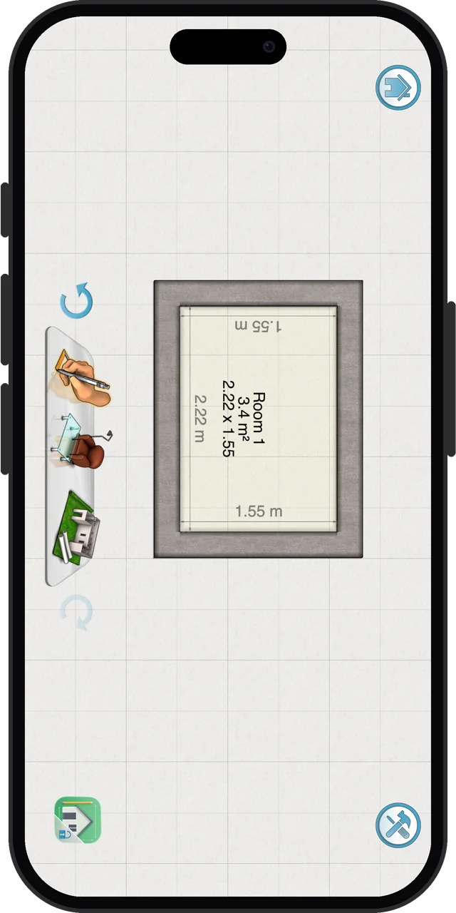 A 2.22 by 1.55 m room drawn in Keyplan 3D, which runs in landscape on iPhone, so its screens stand on their side here