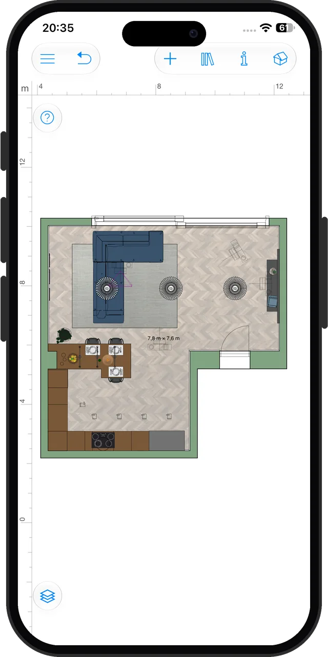 The same studio with the corner sofa pushed over the coffee table and an armchair: nothing flagged