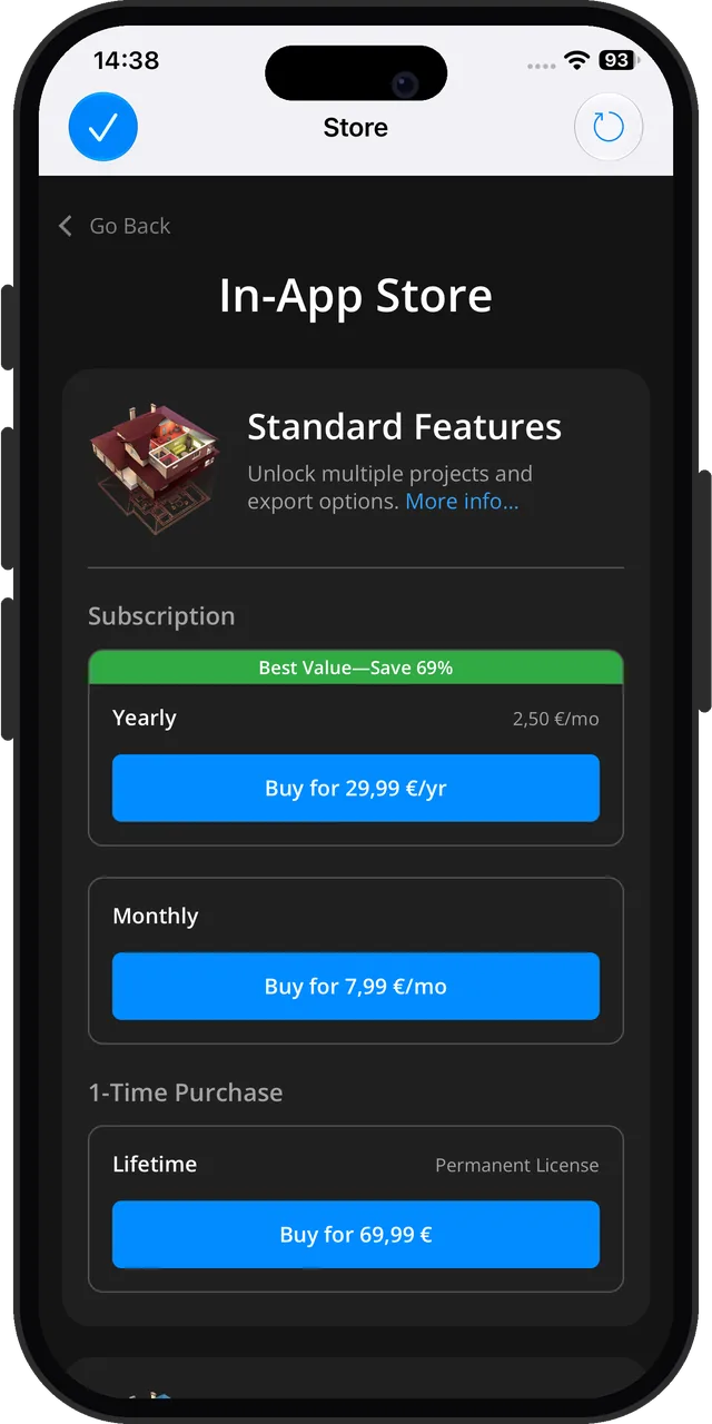 Live Home 3D's store: Standard and Pro, each monthly, yearly or for life