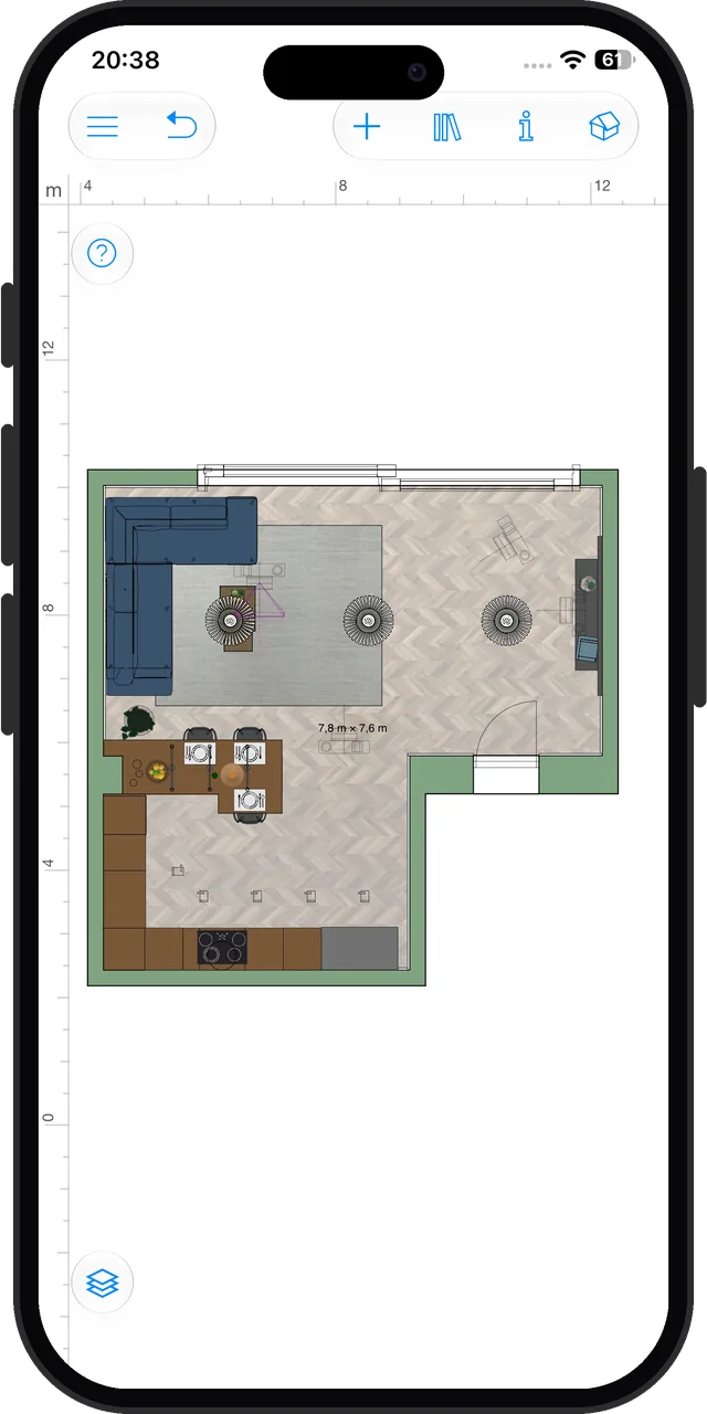 Live Home 3D's furnished studio apartment sample in its 2D view, 7.8 by 7.6 m, its garden trees hidden