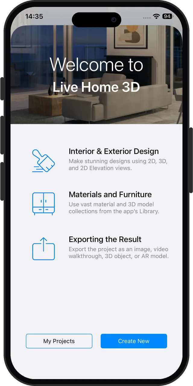Live Home 3D's first screen: a welcome, then My Projects or Create New, with no account