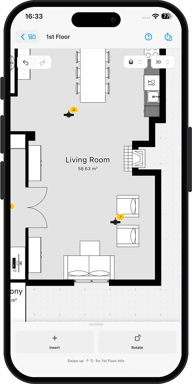 The demo flat's living room with the coffee table moved onto the sofa: nothing flagged