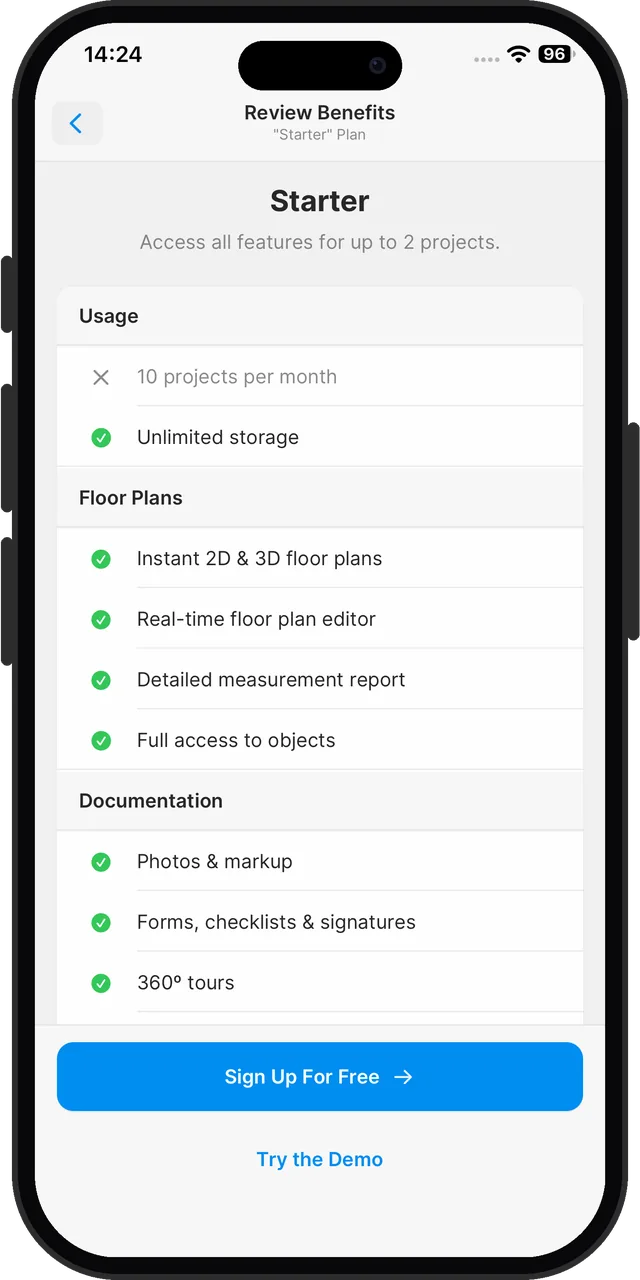 magicplan for a new user: the free Starter plan, all features for up to 2 projects, after a sign-up