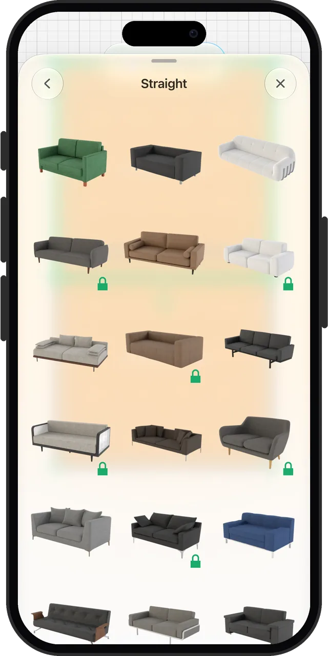 Planner 5D's straight sofas on the free tier, about half of them behind a padlock