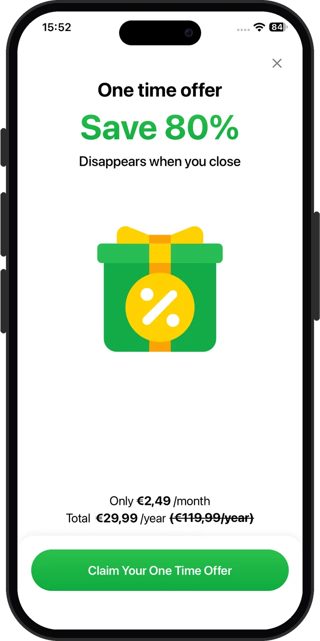 What Planner 5D showed when we closed its paywall: a one-time offer of 80% off the first year that disappears when you close it