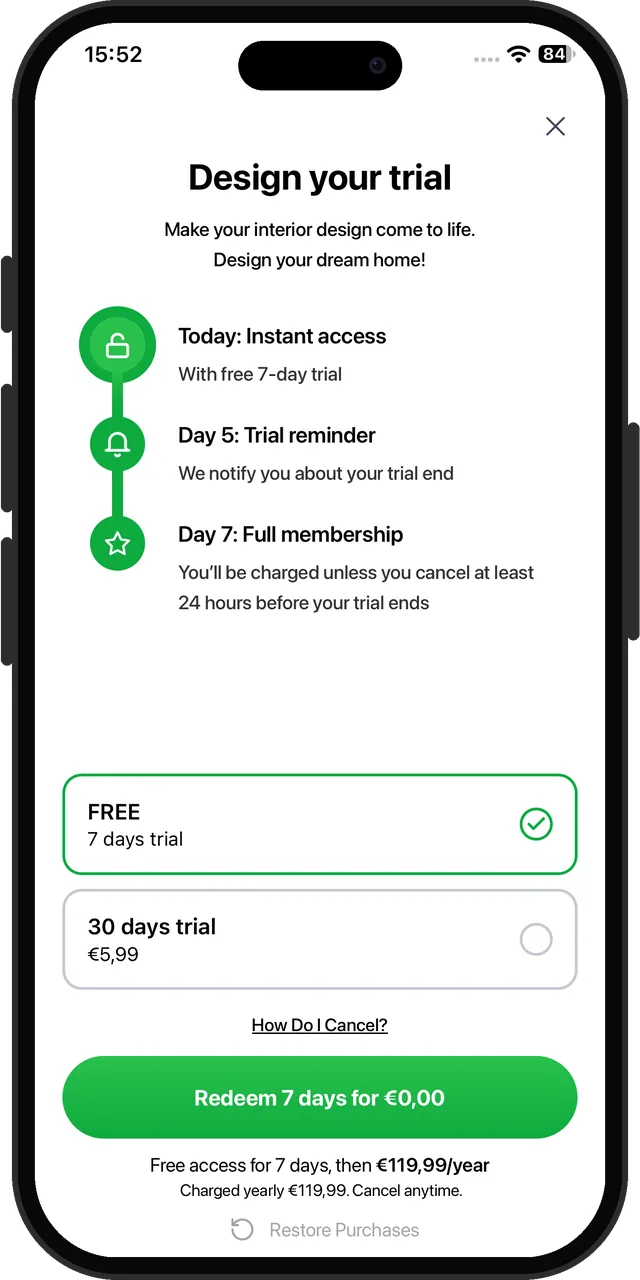 Planner 5D's paywall after setup: a 7-day free trial, then a yearly plan