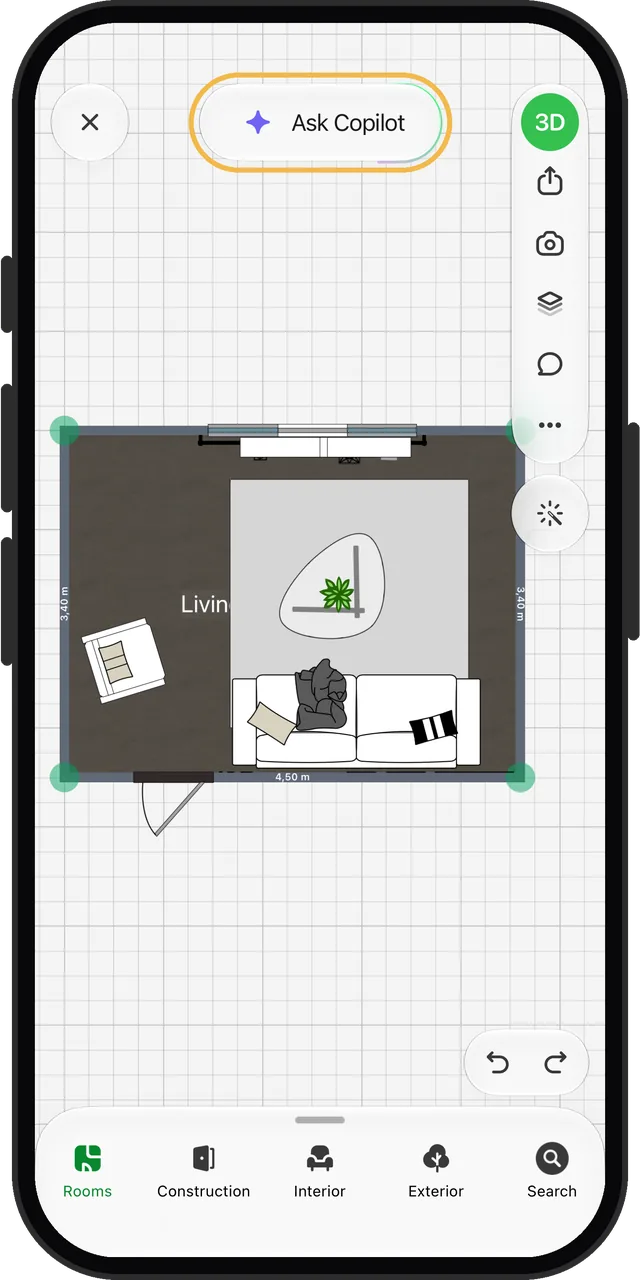 A 4.50 by 3.40 m living room furnished by Planner 5D's Smart wizard, the size of ours. Ringed: its Ask Copilot button, floating over the top of the plan at about 40% of the screen's width