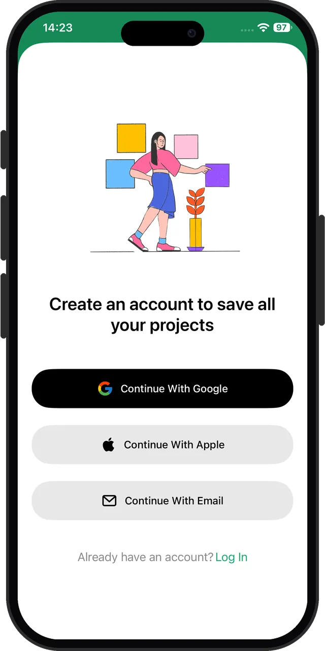 Planner 5D on first launch: create an account to save all your projects, with no way past it