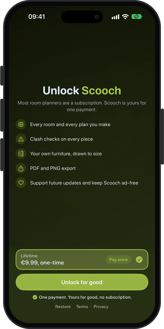 Scooch's unlock screen: one payment, yours for good, no subscription