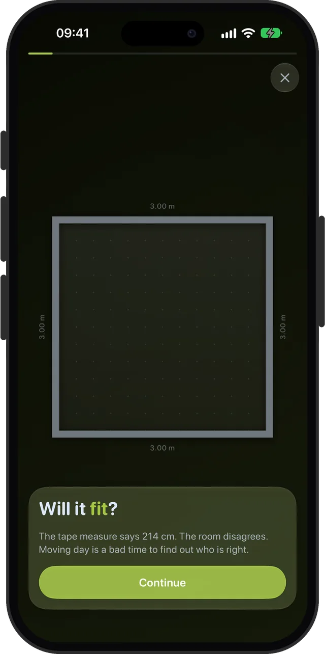 Scooch's first screen: the guided first room starts, with no account or sign-in