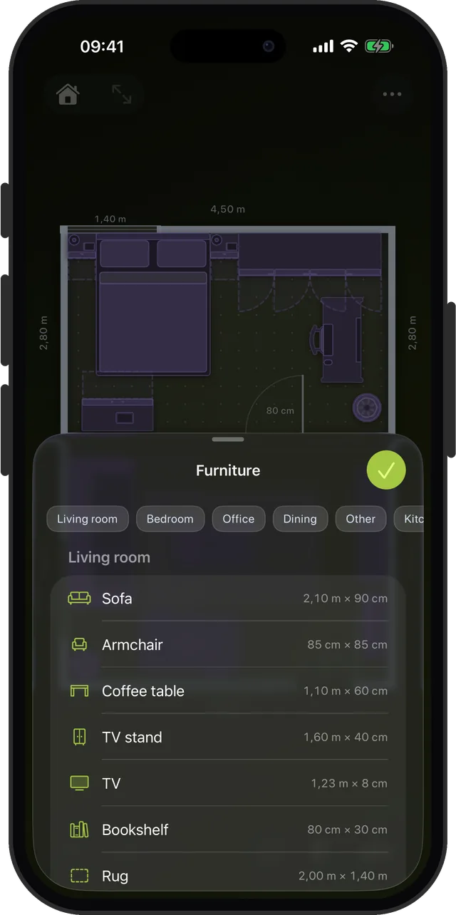 The furniture list with each piece's default size