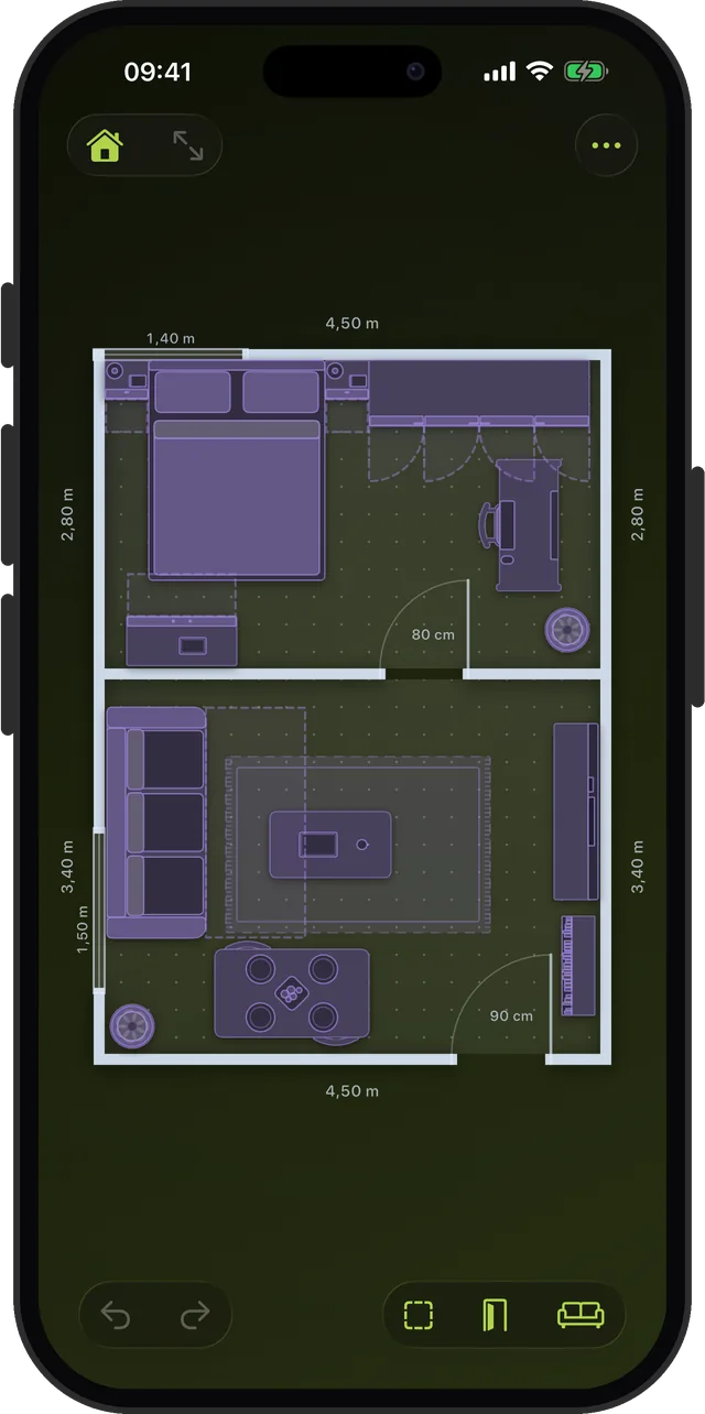 Scooch on iPhone: a two-room flat drawn to scale, with furniture placed and every wall measured