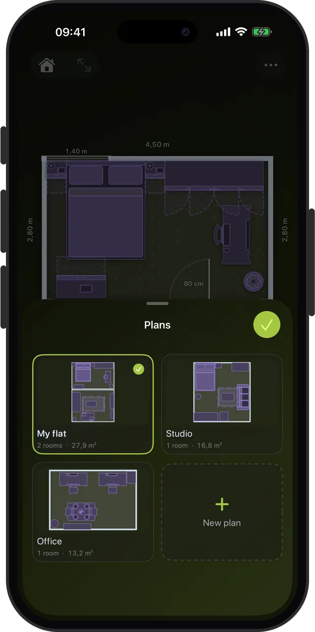Three plans: a flat, a studio and an office